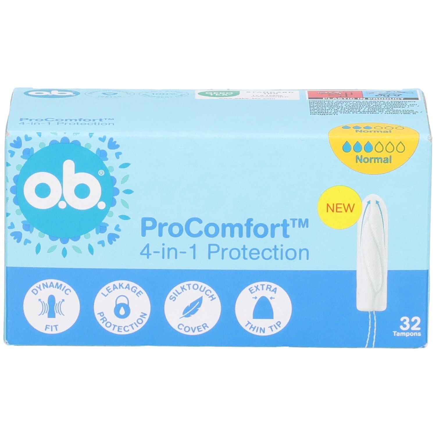 OB Tampons ProComfort Normal Packung mit 32 Stück. 4-in-1 Schutz mit dynamischer Passform und dünner Spitze.