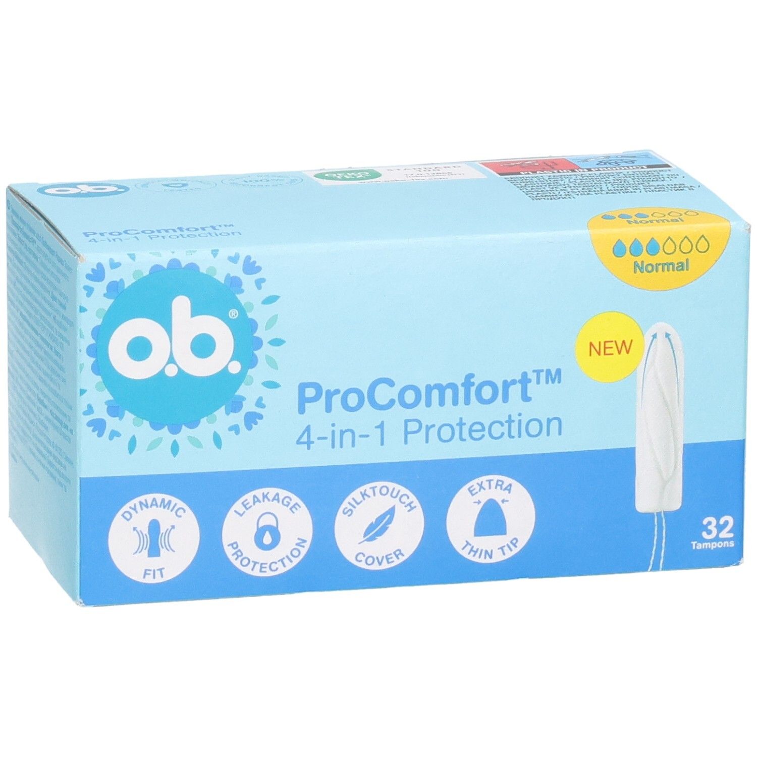 OB Tampons ProComfort Normal Packung mit 32 Stück. 4-in-1 Schutz mit dynamischer Passform und dünner Spitze.