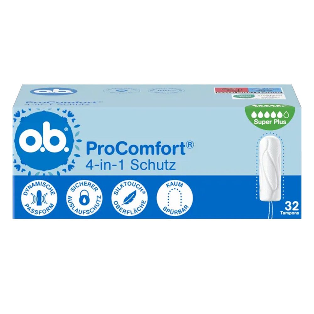 o.b. ProComfort Super Plus Tampons, 32 Stück. 4-in-1 Schutz mit dynamischer Passform und seidig-glatter Oberfläche.