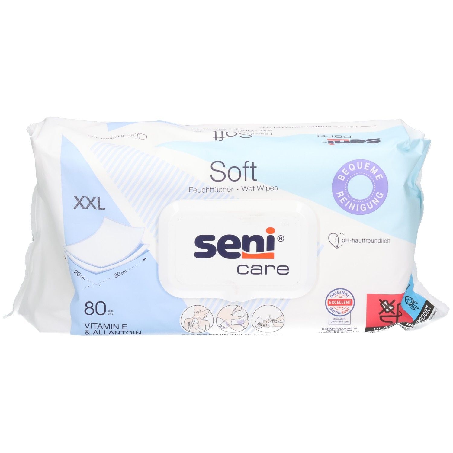Seni Care Soft Feuchttücher, XXL, 80 Stück, mit Vitamin E & Allantoin.