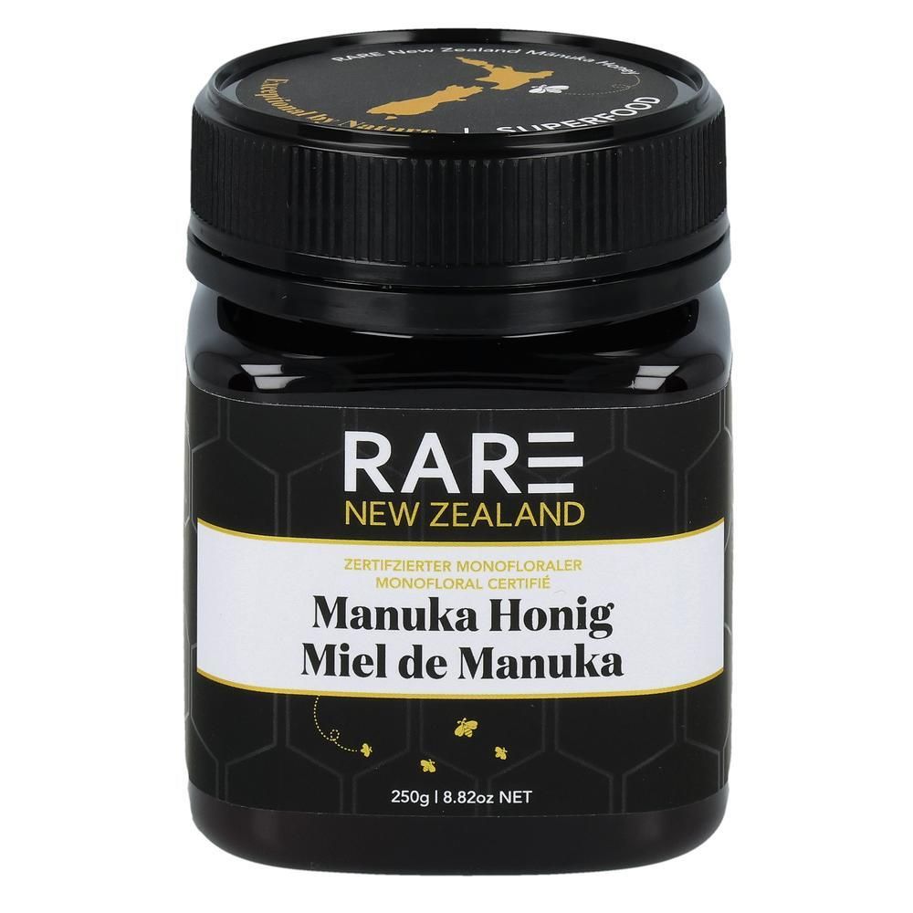 RARE Manuka Honig Glas mit schwarzem Deckel. Vorderseite mit Etikett: RARE NEW ZEALAND, Manuka Honig.