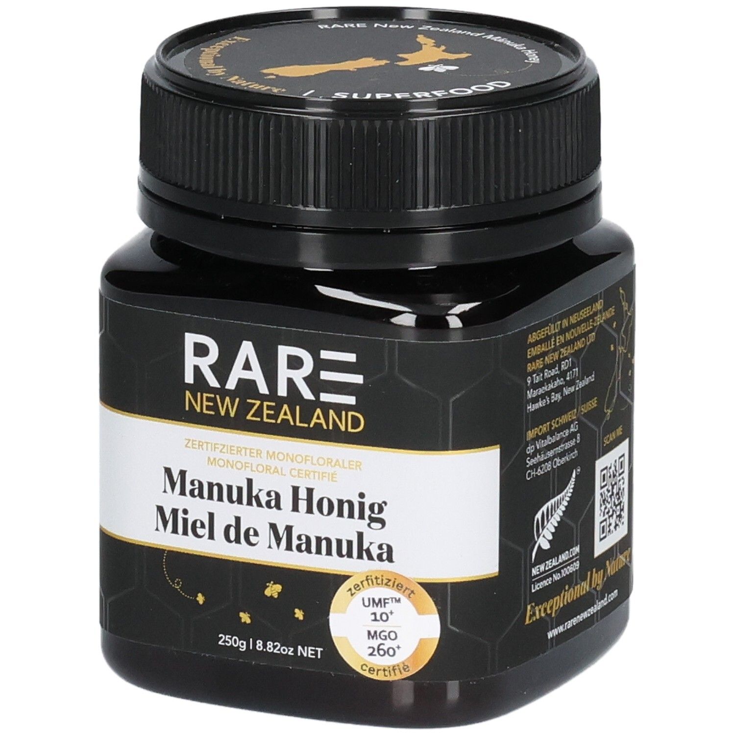 RARE Manuka Honig Glas. Etikett mit Zertifizierung UMF 10+, MGO 260+.