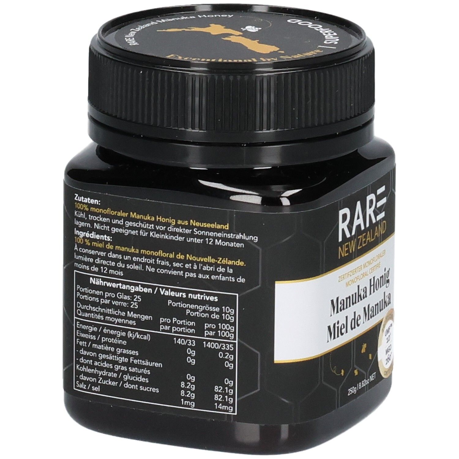 Rückseite eines RARE Manuka Honig Glases mit Nährwertangaben und Zutatenliste.