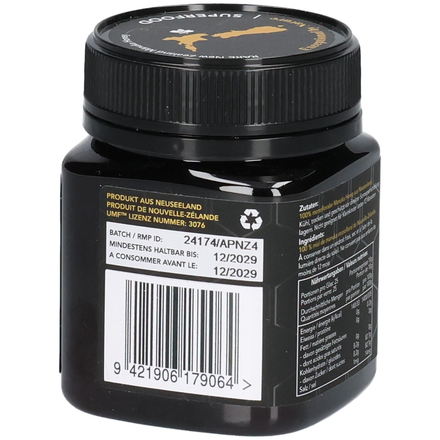 RARE Manuka Honig Glas. Rückseite mit Barcode, Chargennummer und Mindesthaltbarkeitsdatum.