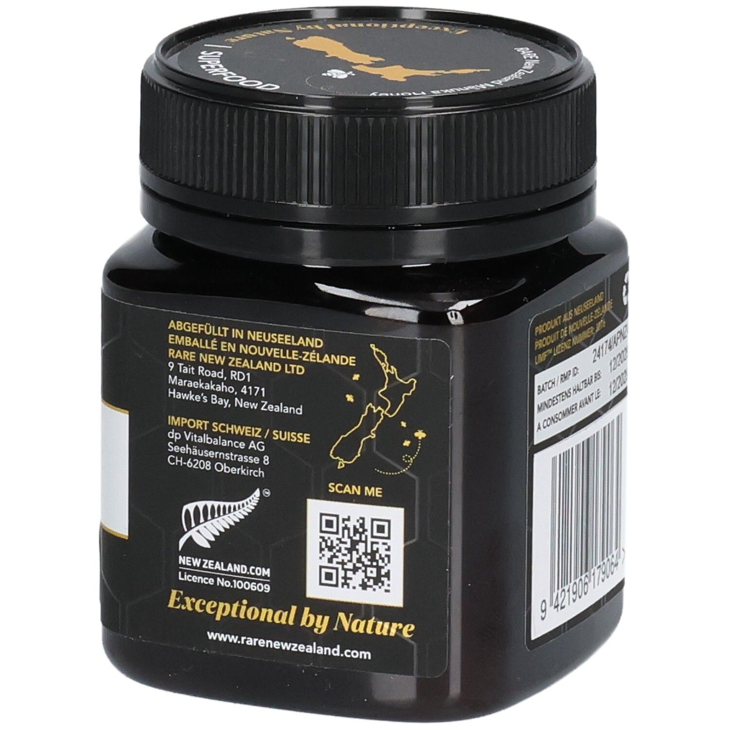 RARE Manuka Honig Glas. Rückseite mit Herkunftsangaben, Adresse und QR-Code.
