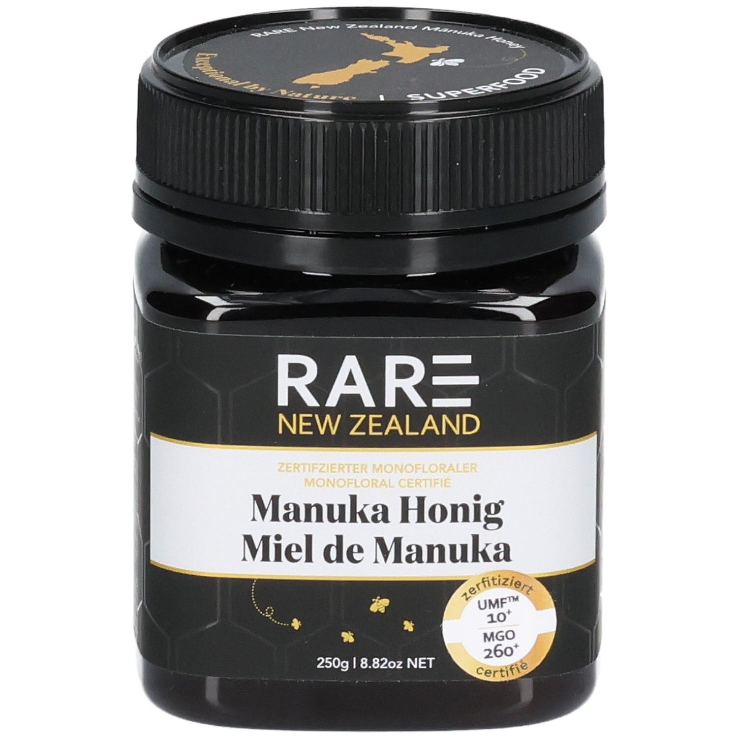 RARE Manuka Honig Glas. Etikett mit Zertifizierung UMF 10+, MGO 260+ und Menge 250g.