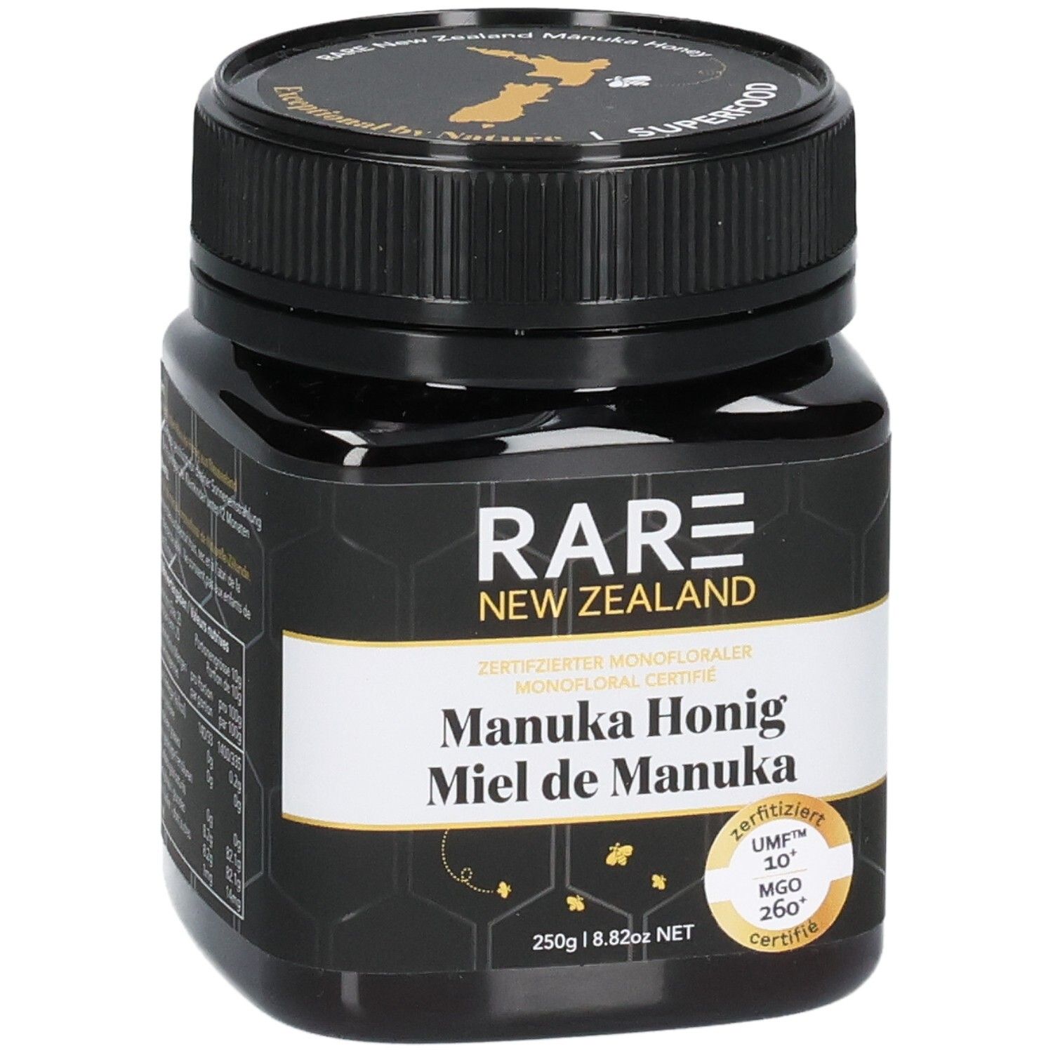 RARE Manuka Honig Glas. Vorderseite mit Etikett, Zertifizierung UMF 10+, MGO 260+.