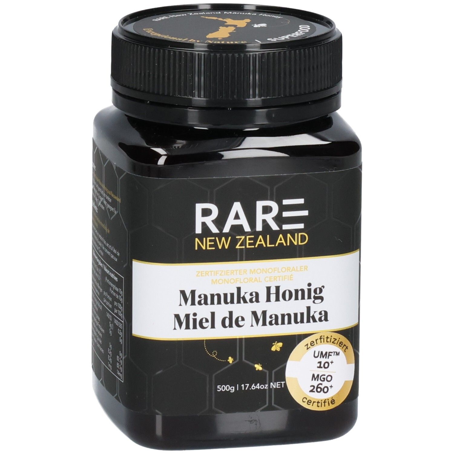 Schwarzes Glas mit Manuka Honig, UMF 10+, MGO 260+. Enthält 500g.