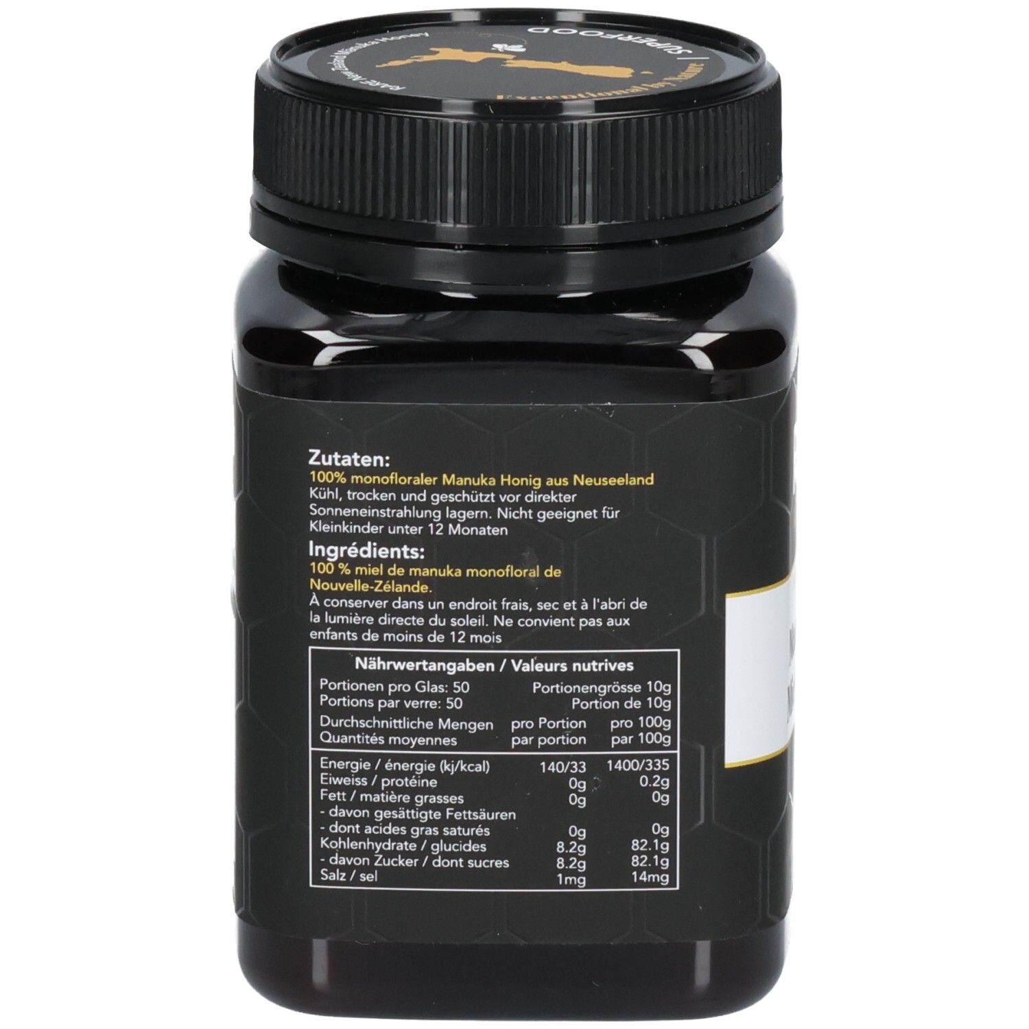 Rückseite des Glases mit Zutatenliste und Nährwertangaben für Manuka Honig.