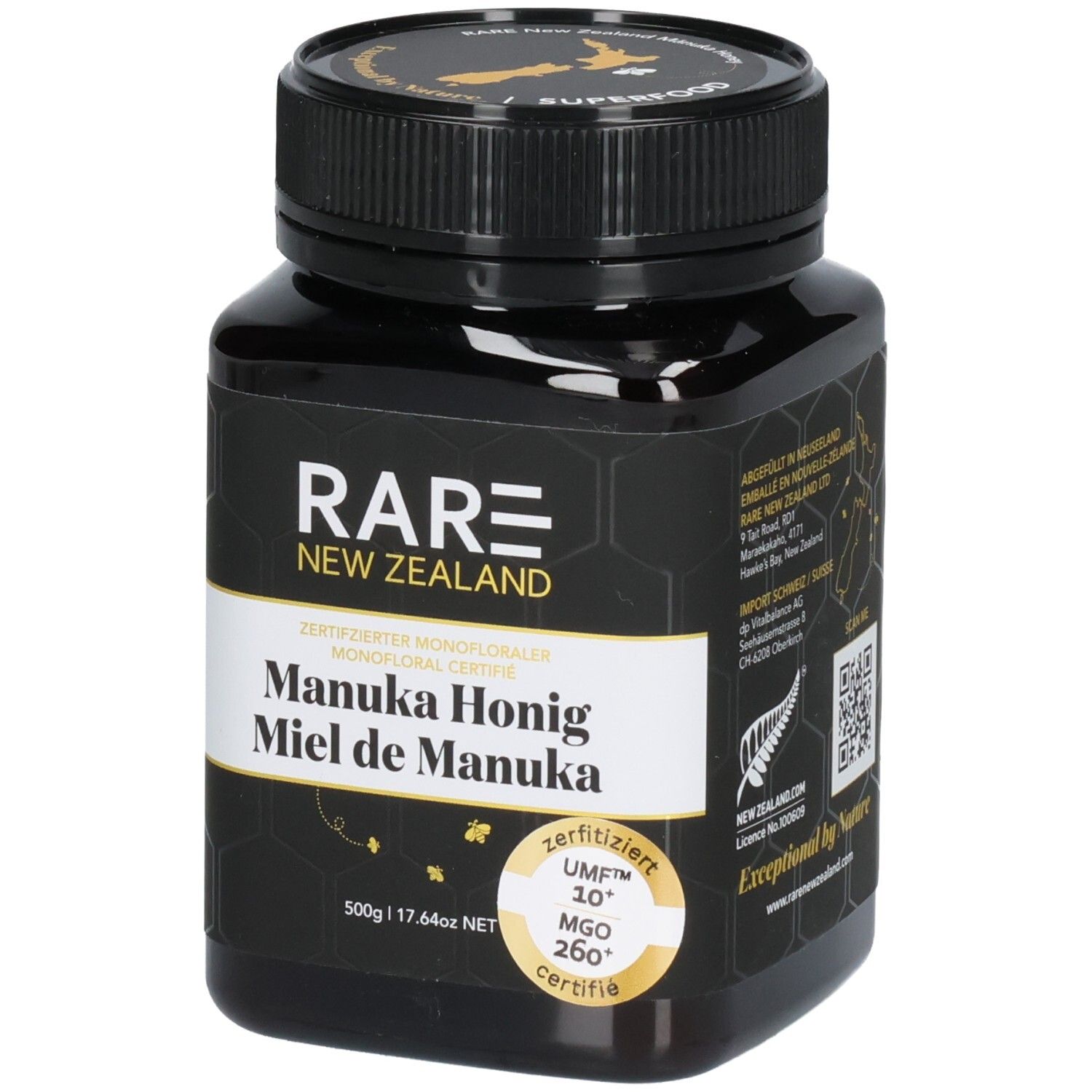 Manuka Honig Glas mit Zertifizierungen UMF 10+ und MGO 260+. 500g.