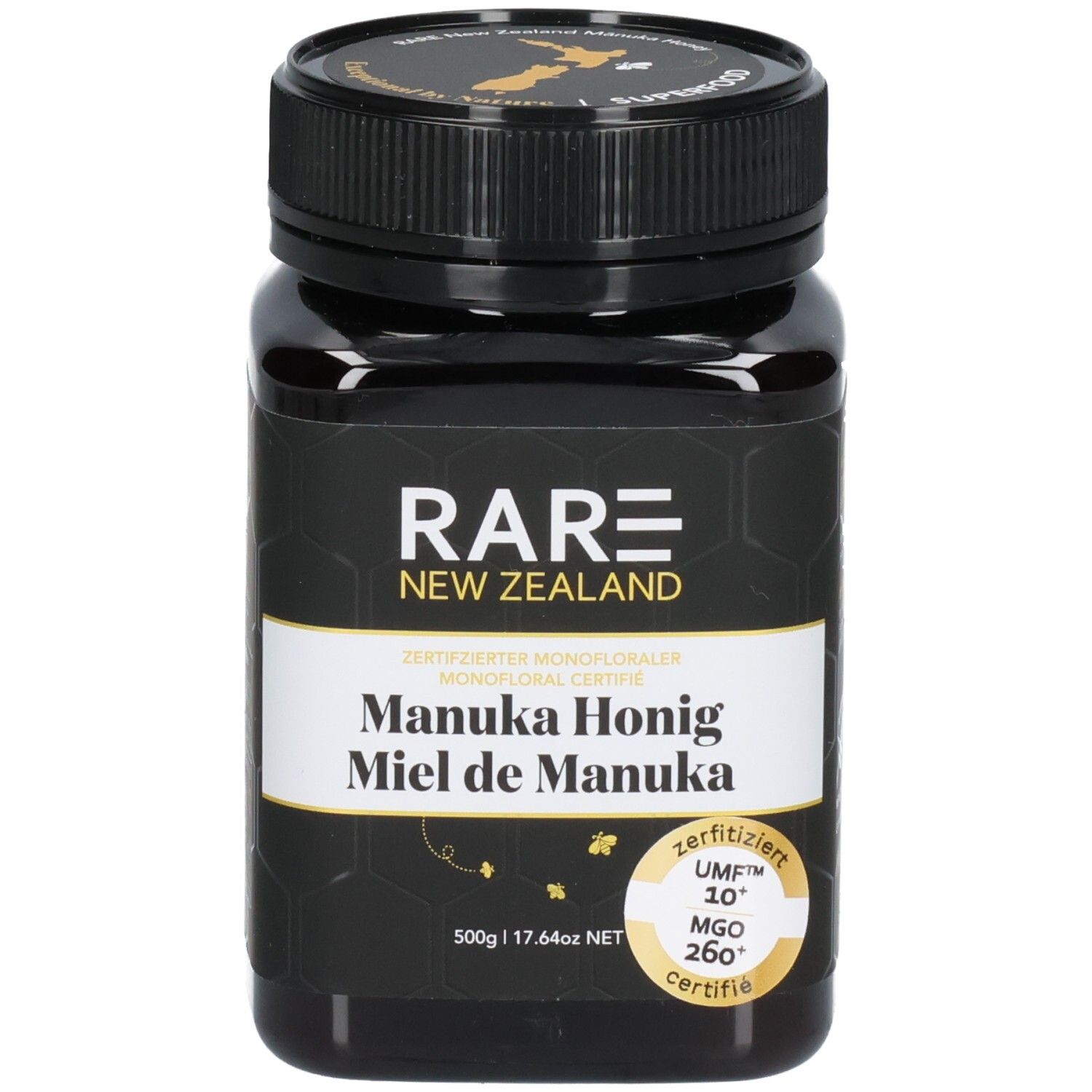 Manuka Honig Glas mit Siegeln und Informationen zur Herkunft Neuseeland.