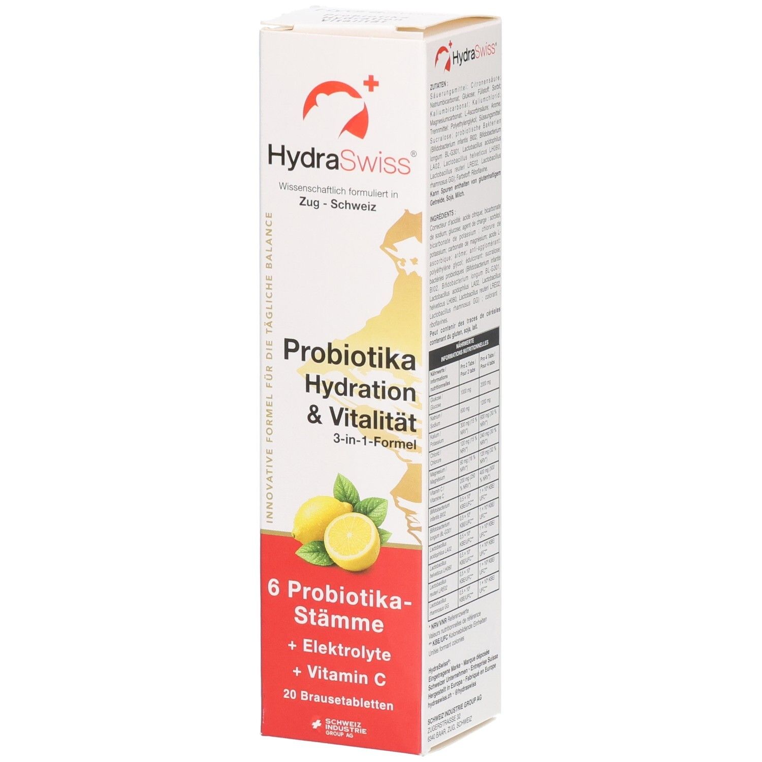 Verpackung von HydraSwiss Probio Hyd&Vit Brausetabletten mit Zitrone, 20 Stück. Enthält 6 Probiotika-Stämme, Elektrolyte und Vitamin C.