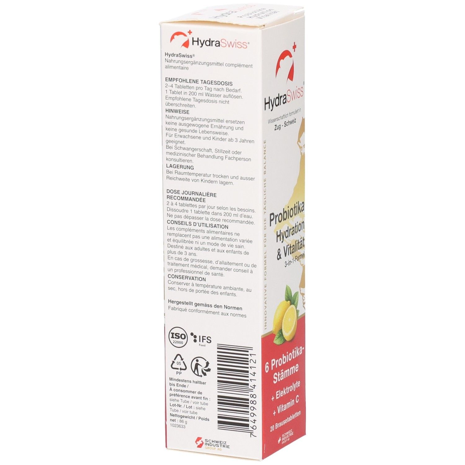 Rückseite der HydraSwiss Probio Hyd&Vit Brausetabletten-Verpackung mit Anwendungshinweisen und Inhaltsstoffen. ISO und IFS Siegel sichtbar.