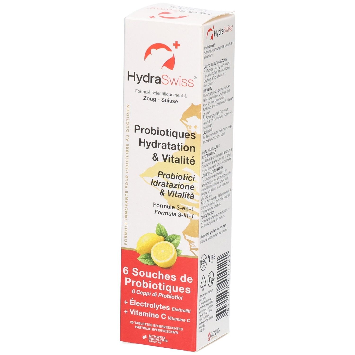 Verpackung von HydraSwiss Probio Hyd&Vit Brausetabletten, Vorderseite mit Zitronenmotiv. Enthält 6 Probiotika-Stämme, Elektrolyte, Vitamin C.
