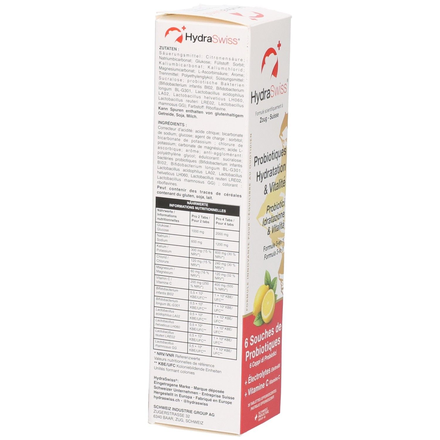 Seitenansicht der HydraSwiss Probio Hyd&Vit Brausetabletten-Verpackung mit detaillierter Nährwerttabelle und Zutatenliste.
