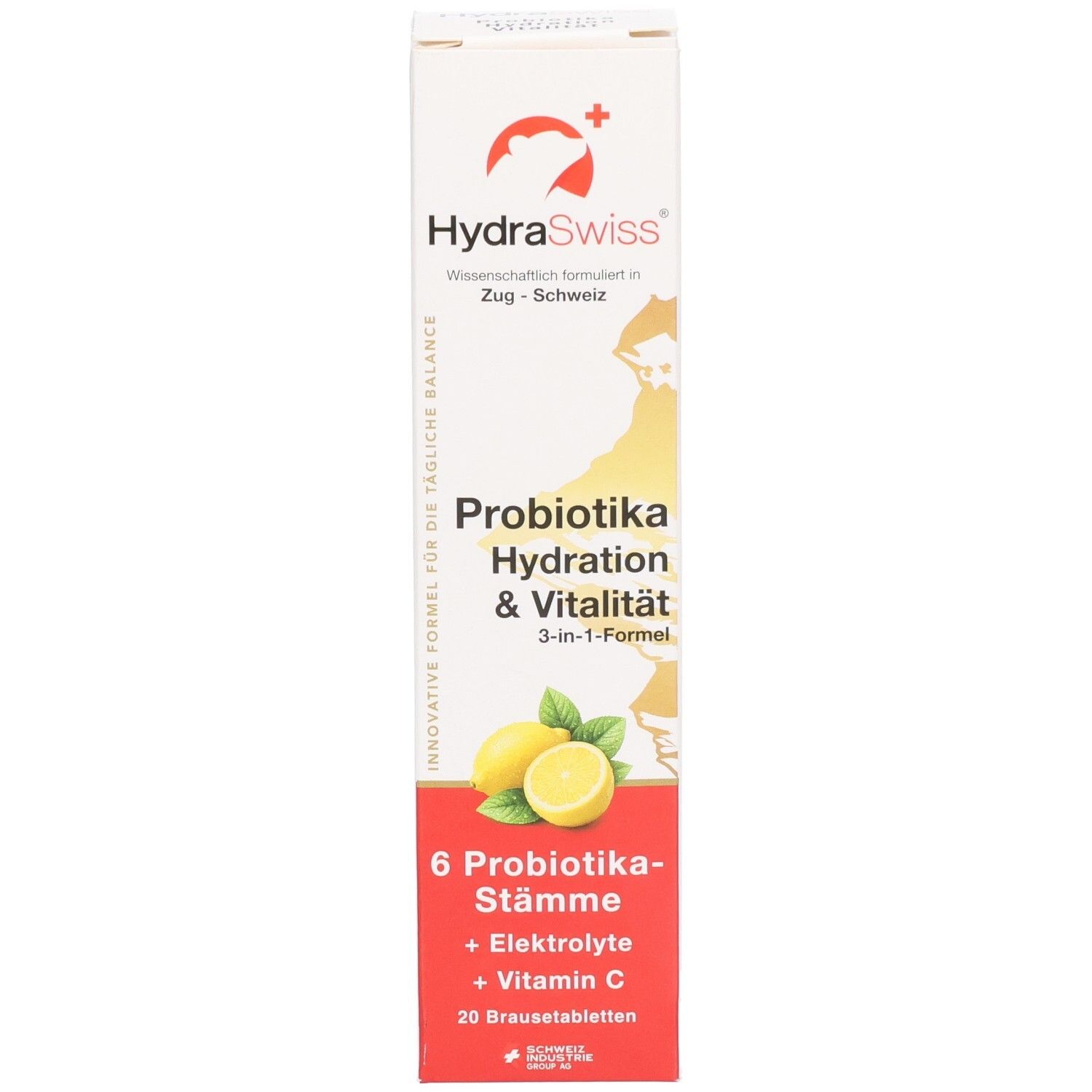 Verpackung von HydraSwiss Probio Hyd&Vit Brausetabletten, Vorderseite mit Zitronenmotiv. Enthält 6 Probiotika-Stämme, Elektrolyte, Vitamin C.