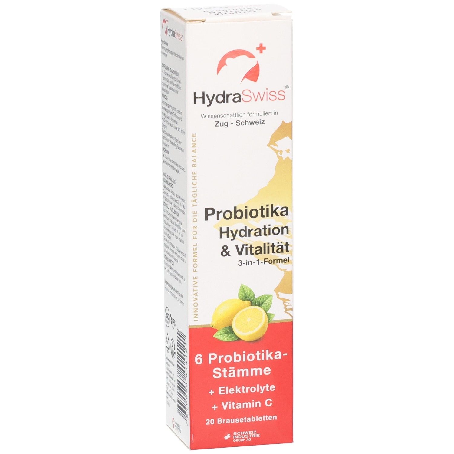 Verpackung von HydraSwiss Probio Hyd&Vit Brausetabletten, Vorderseite mit Zitronenmotiv. Enthält 6 Probiotika-Stämme, Elektrolyte, Vitamin C.