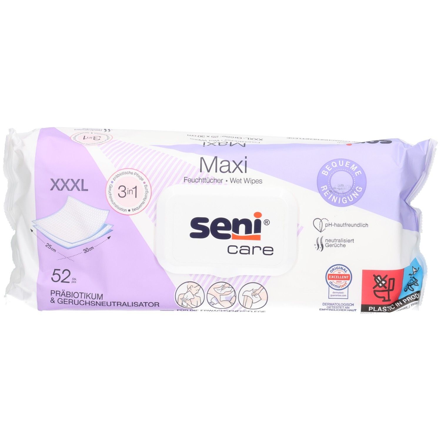Seni Care Maxi Feuchttücher, 52 Stück, XXXL, mit 3in1-Formel und Probiotika.