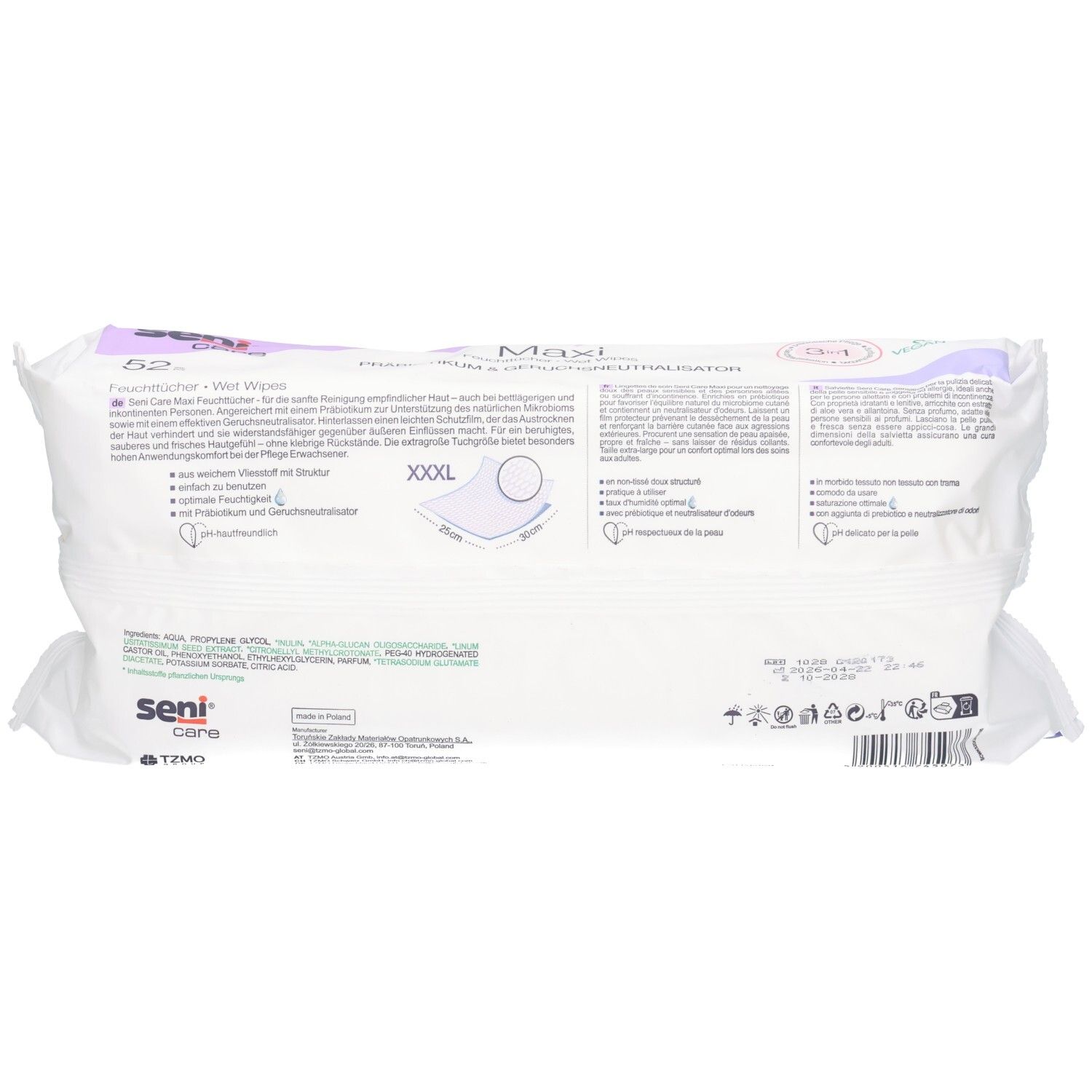 Rückseite der Seni Care Maxi Feuchttücher-Packung mit Produktinformationen und Inhaltsstoffen.