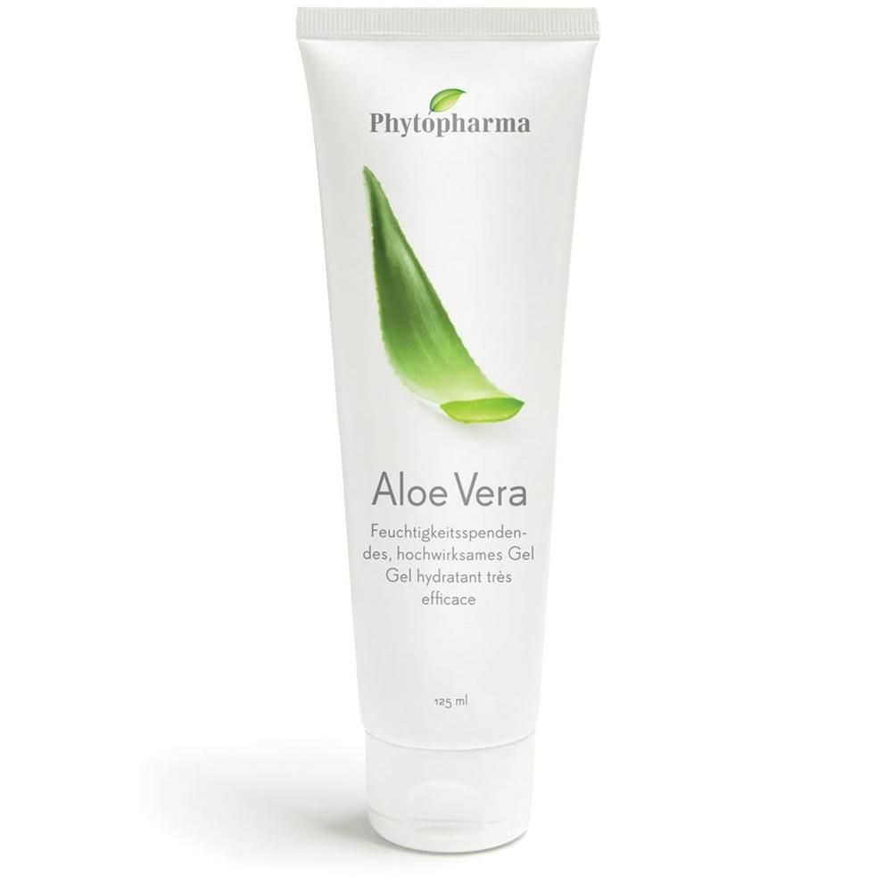Tube de gel Phytopharma Aloe Vera avec un symbole de feuille d'aloès. Contient un gel hydratant.
