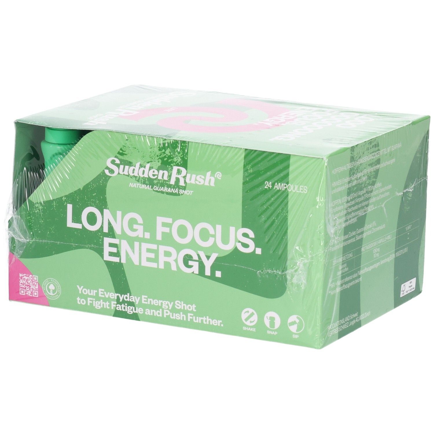 Verpackung mit 24 Fläschchen SUDDENRUSH Guaraná Shot LITE. Grüne und pinke Verpackung mit Text.