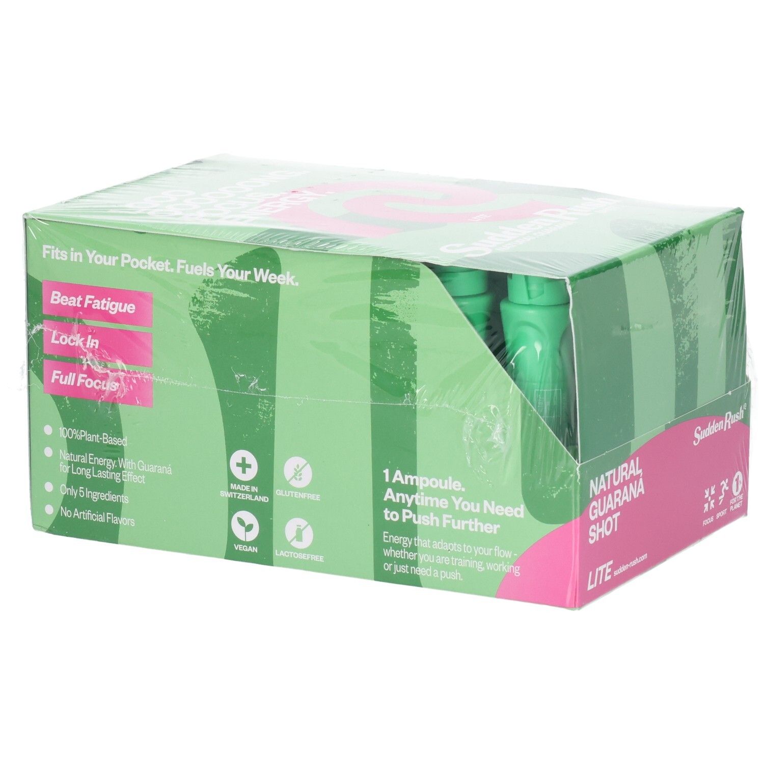 Verpackung SUDDENRUSH Guaraná Shot LITE. Grüne Verpackung mit Text 'Beat Fatigue', 'Lock In', 'Full Focus'.