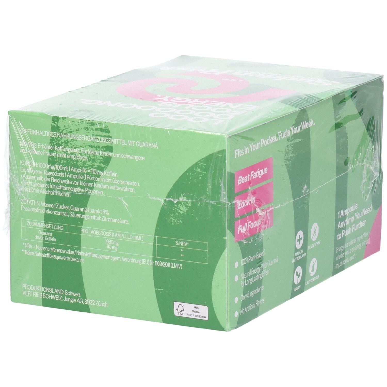 Rückseite der Verpackung SUDDENRUSH Guaraná Shot LITE. Grüne Verpackung mit detailliertem Text und Symbolen.
