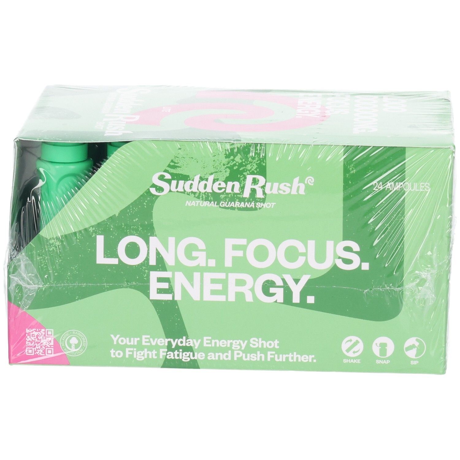 Verpackung SUDDENRUSH Guaraná Shot LITE. Grüne Verpackung mit Text 'LONG. FOCUS. ENERGY.' und Symbolen.