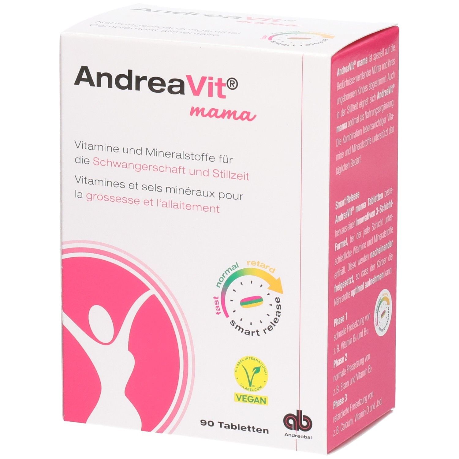 Verpackung von AndreaVit Mama Tabletten, 90 Stück, mit Vitaminen und Mineralstoffen für Schwangerschaft und Stillzeit.