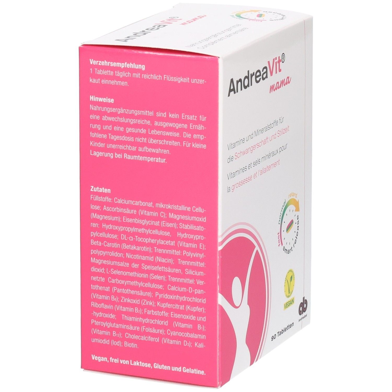 Rückseite der AndreaVit Mama Tabletten-Verpackung mit Hinweisen, Zutaten und Lagerungshinweisen.