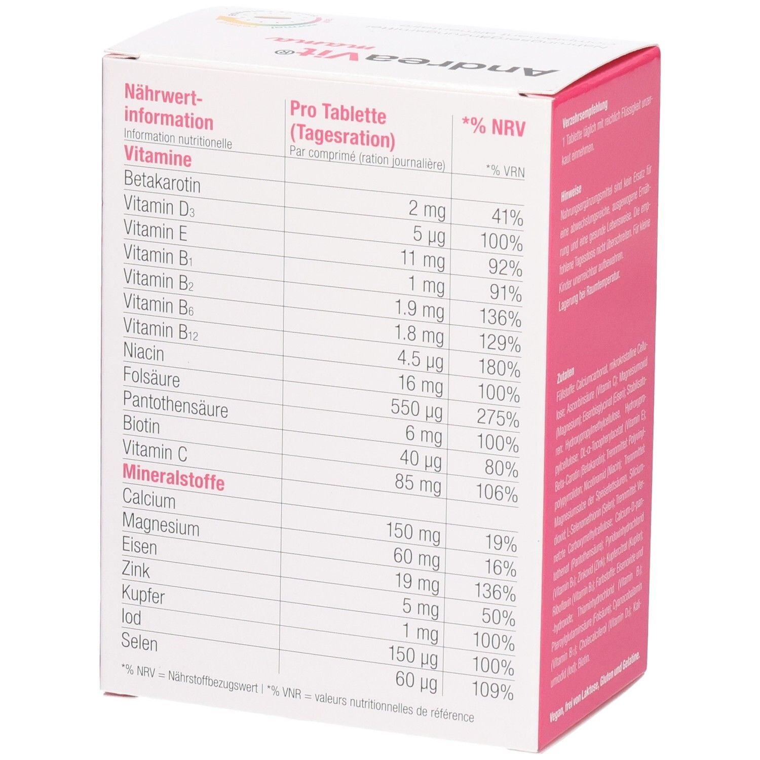 Detailansicht der Nährwertinformationen auf der AndreaVit Mama Tabletten-Verpackung.