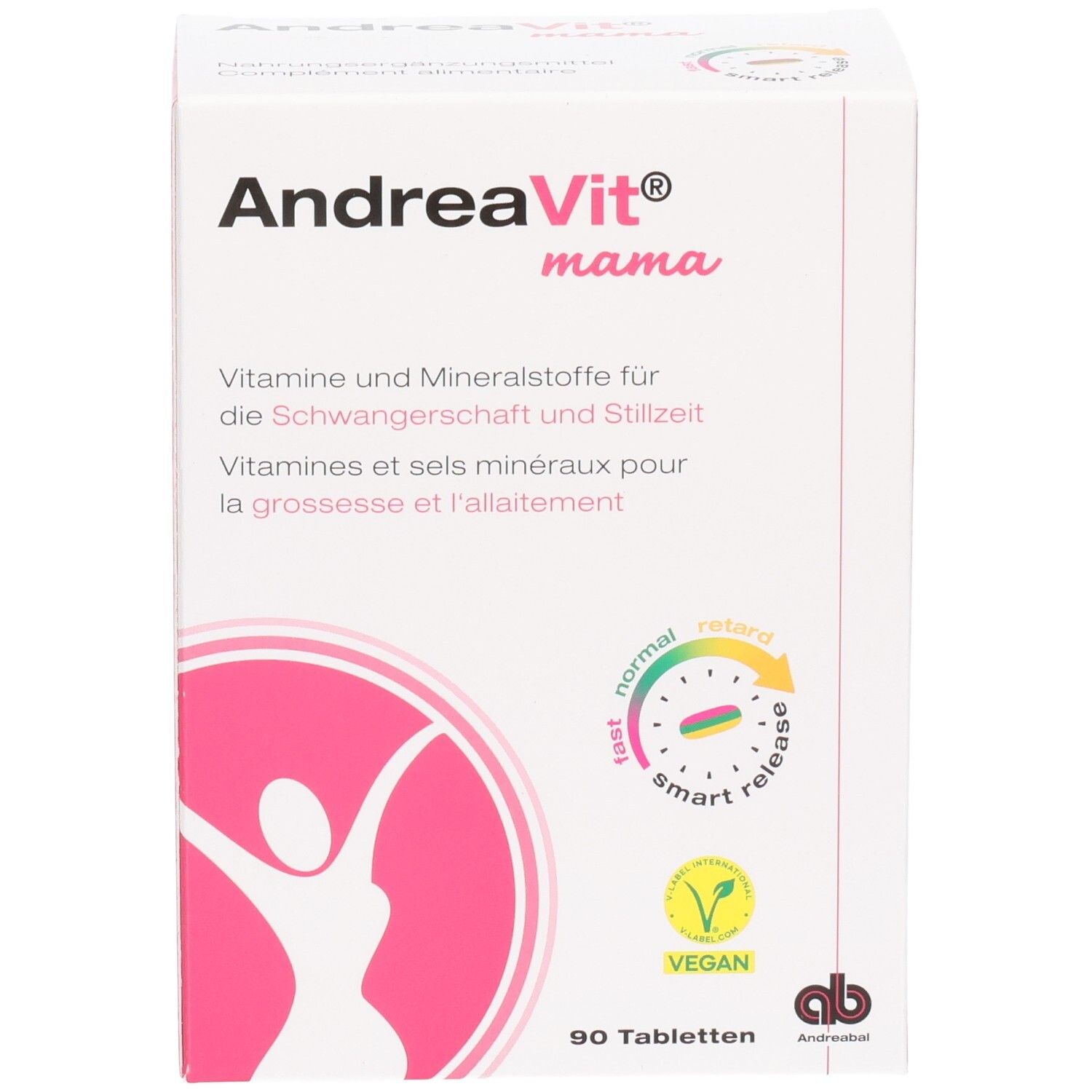 Vorderseite der AndreaVit Mama Tabletten-Verpackung mit Logo, Produktbezeichnung und Siegeln.