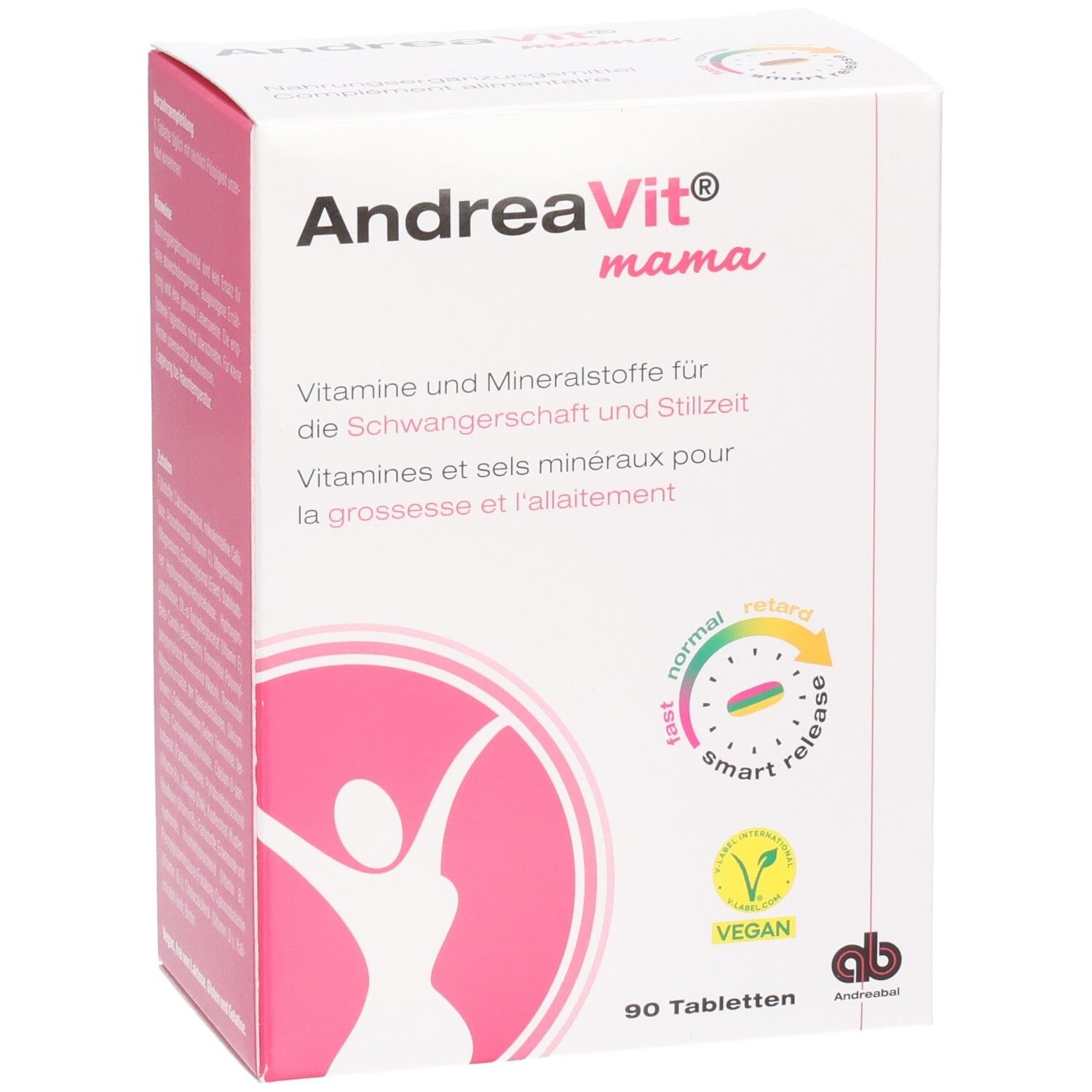 Vorderseite der AndreaVit Mama Tabletten-Verpackung, 90 Stück, mit Darstellung einer Frau.