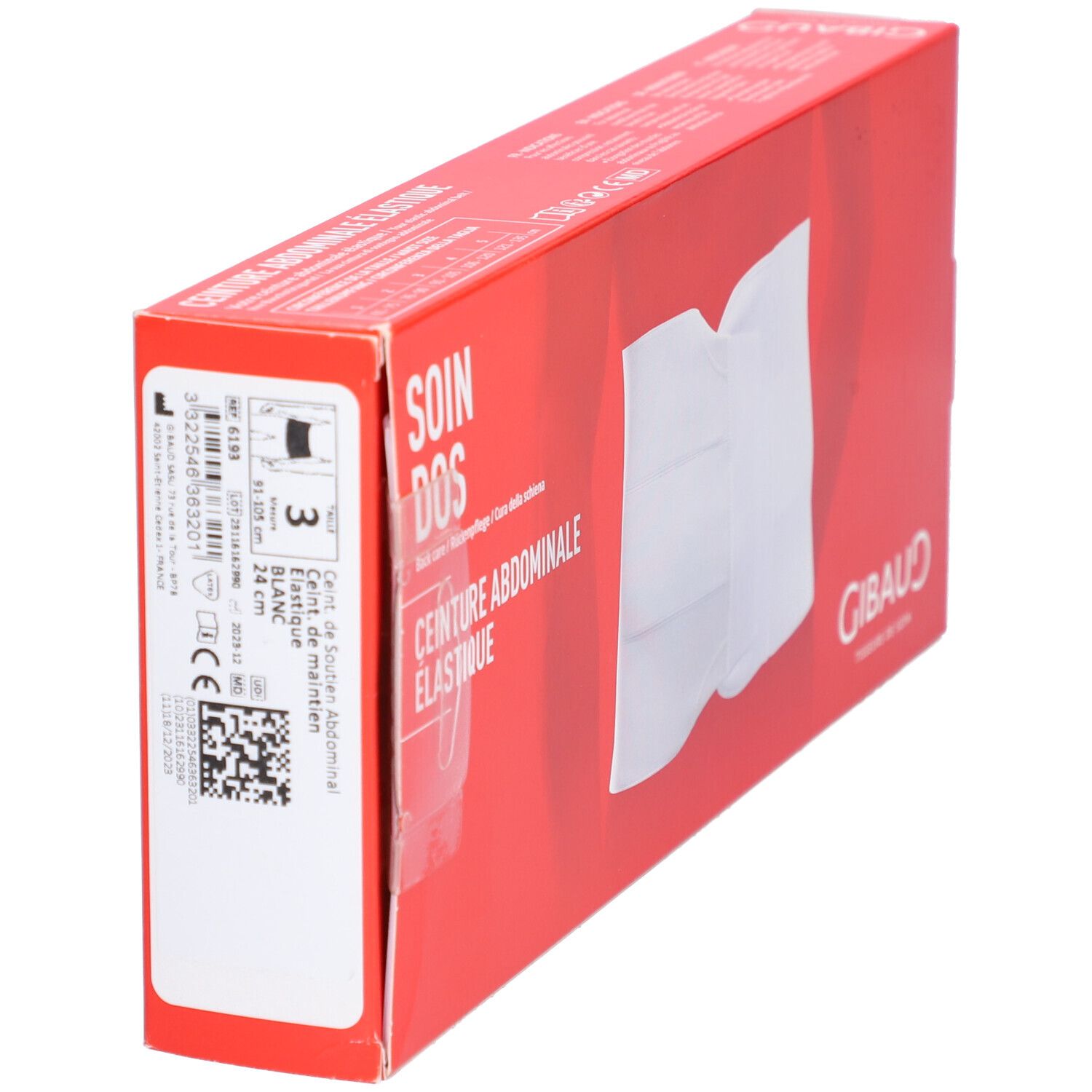 Rote Verpackung, Bauchgurt-Abbildung. Aufschrift: SOIN DOS, CEINTURE ABDOMINALE ELASTIQUE. Marke GIBAUD. Produktinformationen auf der Seite.