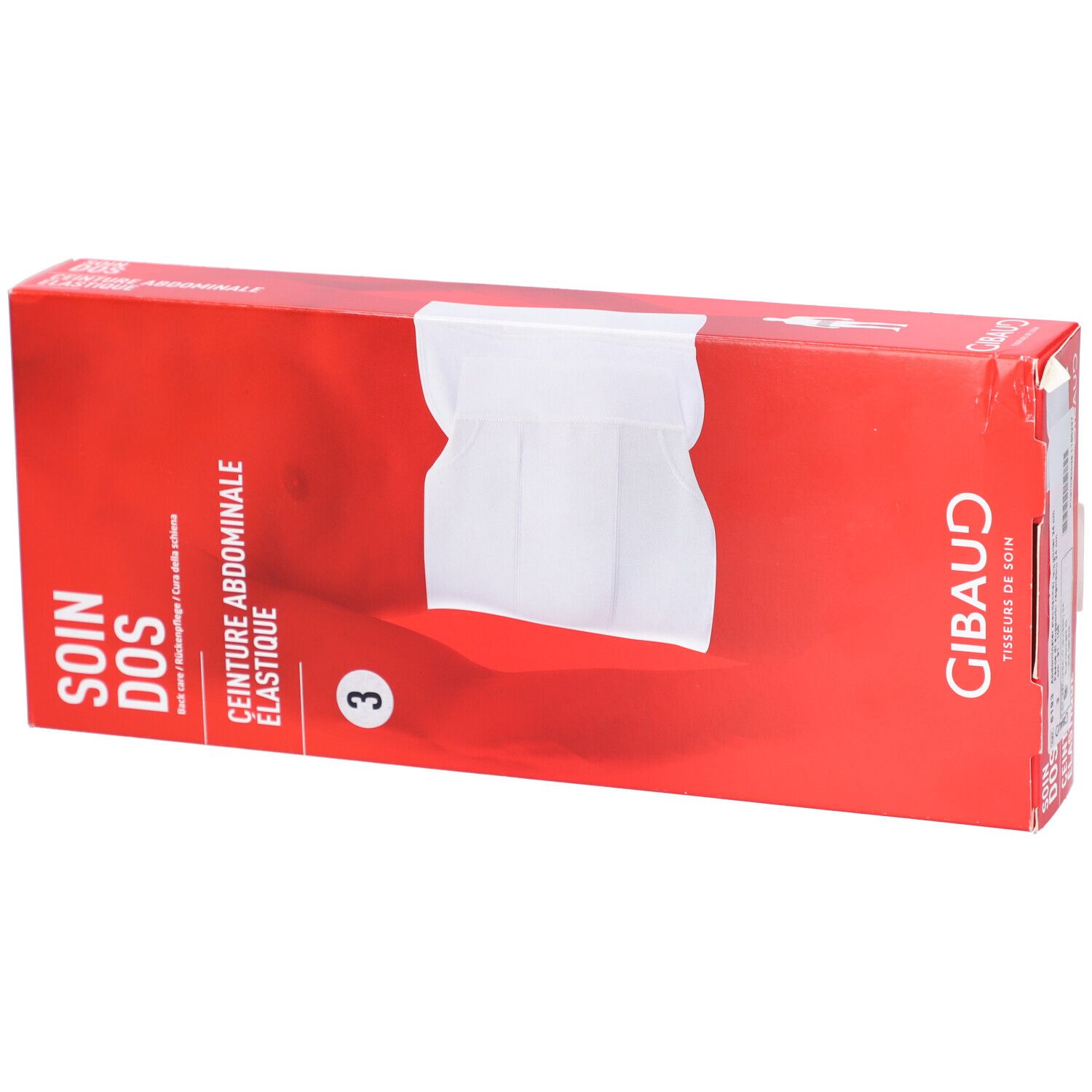 Rote Verpackung mit Bauchgurt-Abbildung. Aufschrift: SOIN DOS, CEINTURE ABDOMINALE ELASTIQUE. Größe 3. Marke GIBAUD.