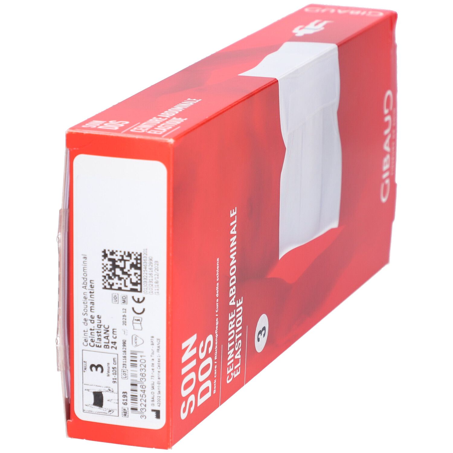 Rote Verpackung, Bauchgurt-Abbildung. Aufschrift: SOIN DOS, CEINTURE ABDOMINALE ELASTIQUE. Größe 3. Marke GIBAUD. Produktinformationen.