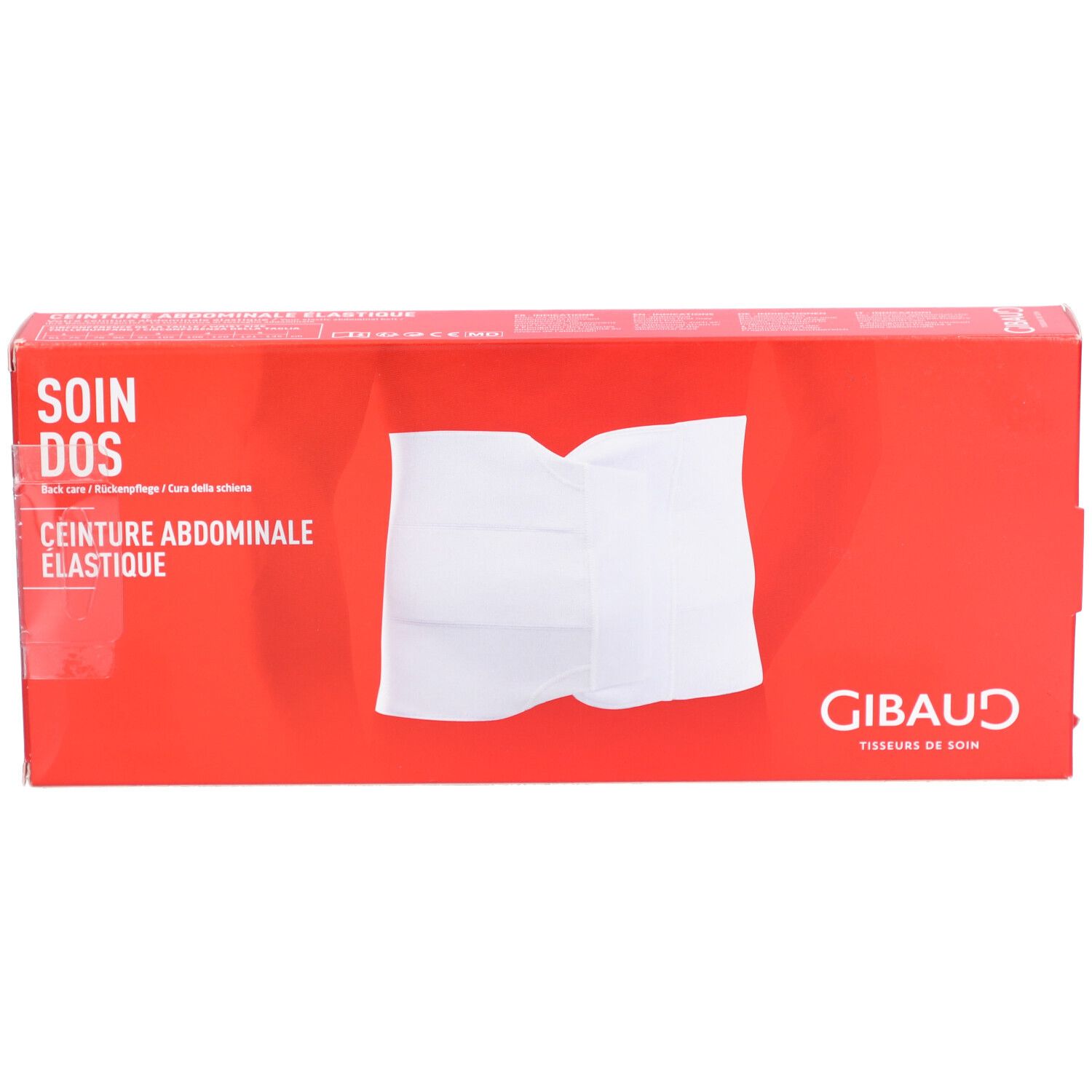 Rote Verpackung mit weißem Bauchgurt. Aufschrift: SOIN DOS, CEINTURE ABDOMINALE ELASTIQUE. Marke: GIBAUD.