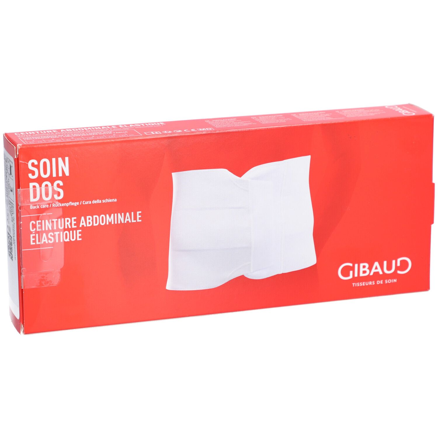 Rote Verpackung mit Bauchgurt-Abbildung. Aufschrift: SOIN DOS, CEINTURE ABDOMINALE ELASTIQUE. Marke: GIBAUD.