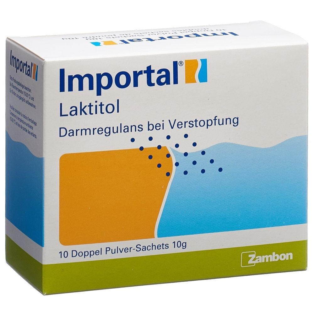 Karton mit Importal Laktitol. Aufschrift: Darmregu-lans bei Verstopfung. 10 Doppel Pulver-Sachets 10g. Marke Zambon.