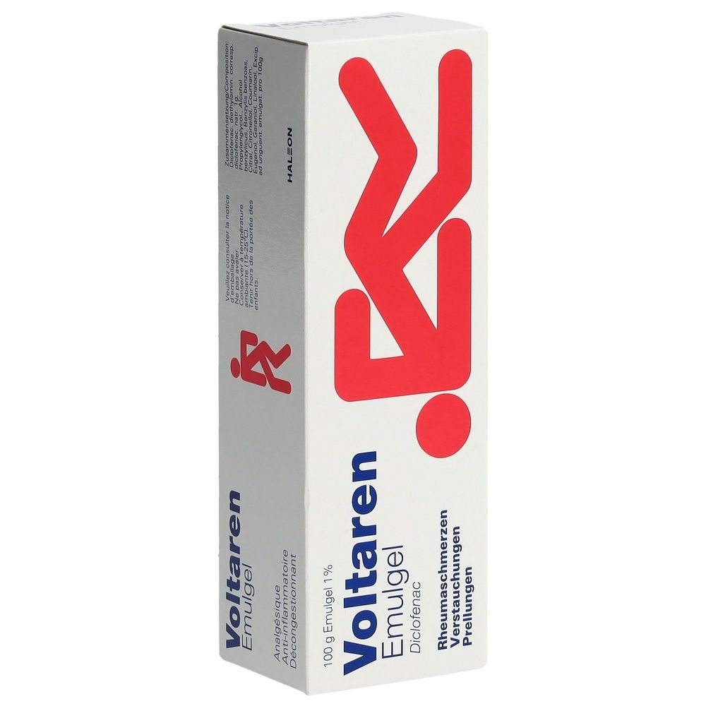 Weißer Karton mit rotem Logo und Schriftzug Voltaren Emulgel. Enthält Informationen zu Inhaltsstoffen und Anwendung.