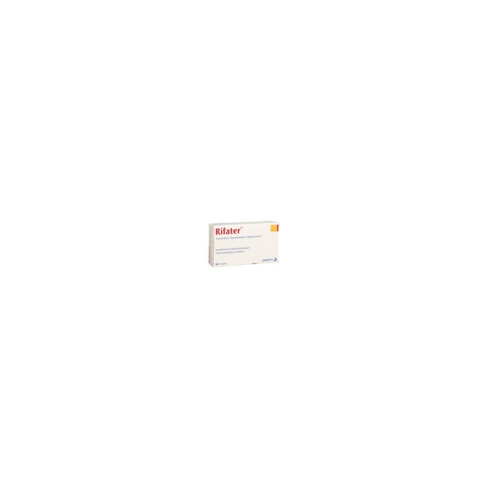 Boîte de médicament "Rifater". Emballage blanc avec texte rouge et jaune. Vue de face.
