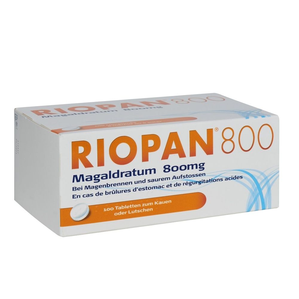 RIOPAN 800 Packung. Enthält 100 Tabletten. Aufschrift: Magaldratum 800mg. Bei Magenbrennen und saurem Aufstoßen.