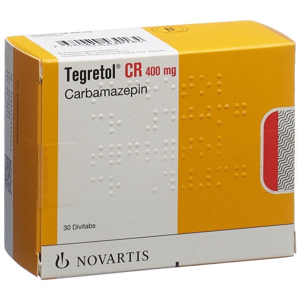 Boîte jaune et blanche. Inscription : Tegretol CR Ret Tabl 400 mg. Marque rouge sur le côté.