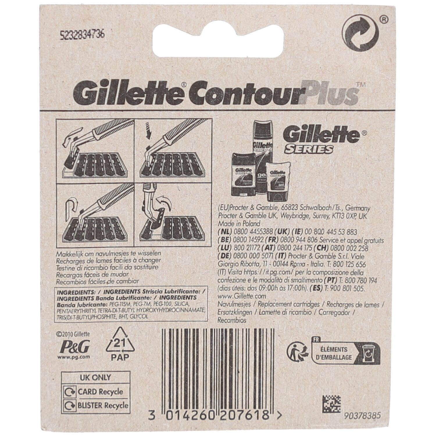 Dos du paquet de lames de rasoir Gillette Contour Plus. Texte et illustrations de rasoirs et ingrédients.
