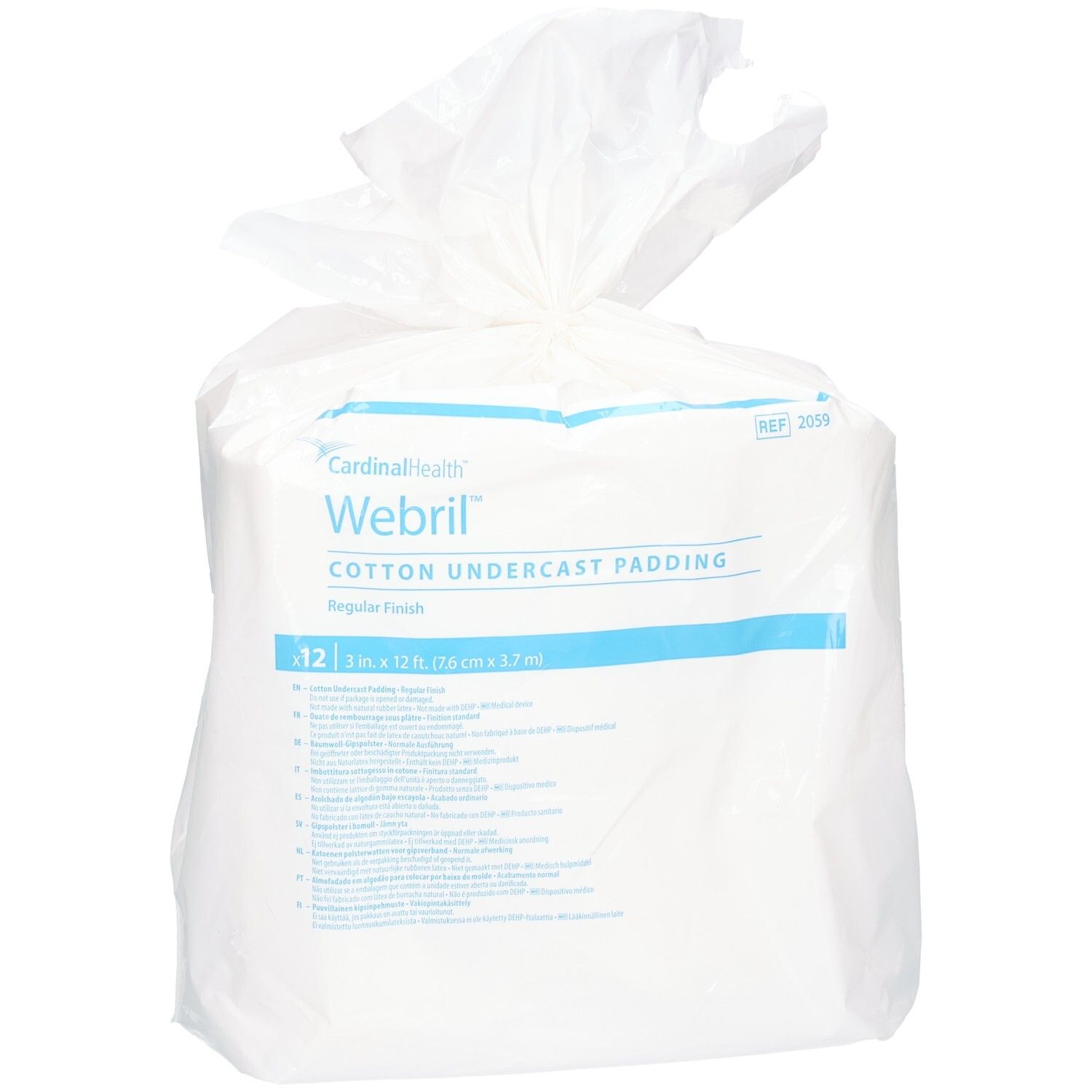 Verpackung mit 12 Rollen weißer Wattebinden, Marke Webril, für Untergips.