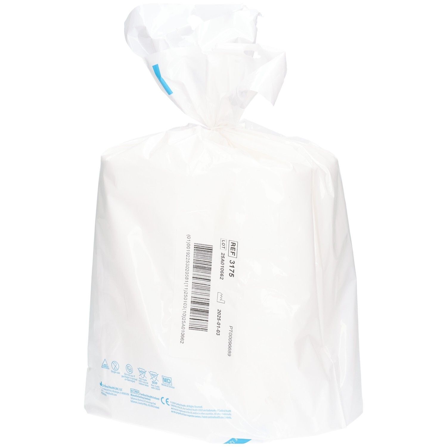Rückseite der Verpackung mit 12 Rollen weißer Wattebinden und Produktinformationen.