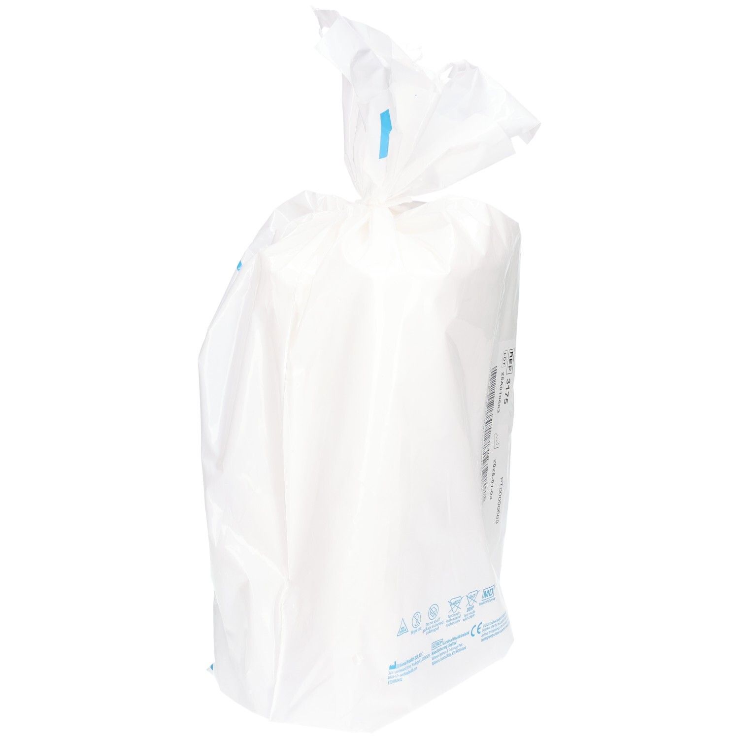 Seitenansicht der Verpackung mit 12 Rollen weißer Wattebinden und Produktinformationen.