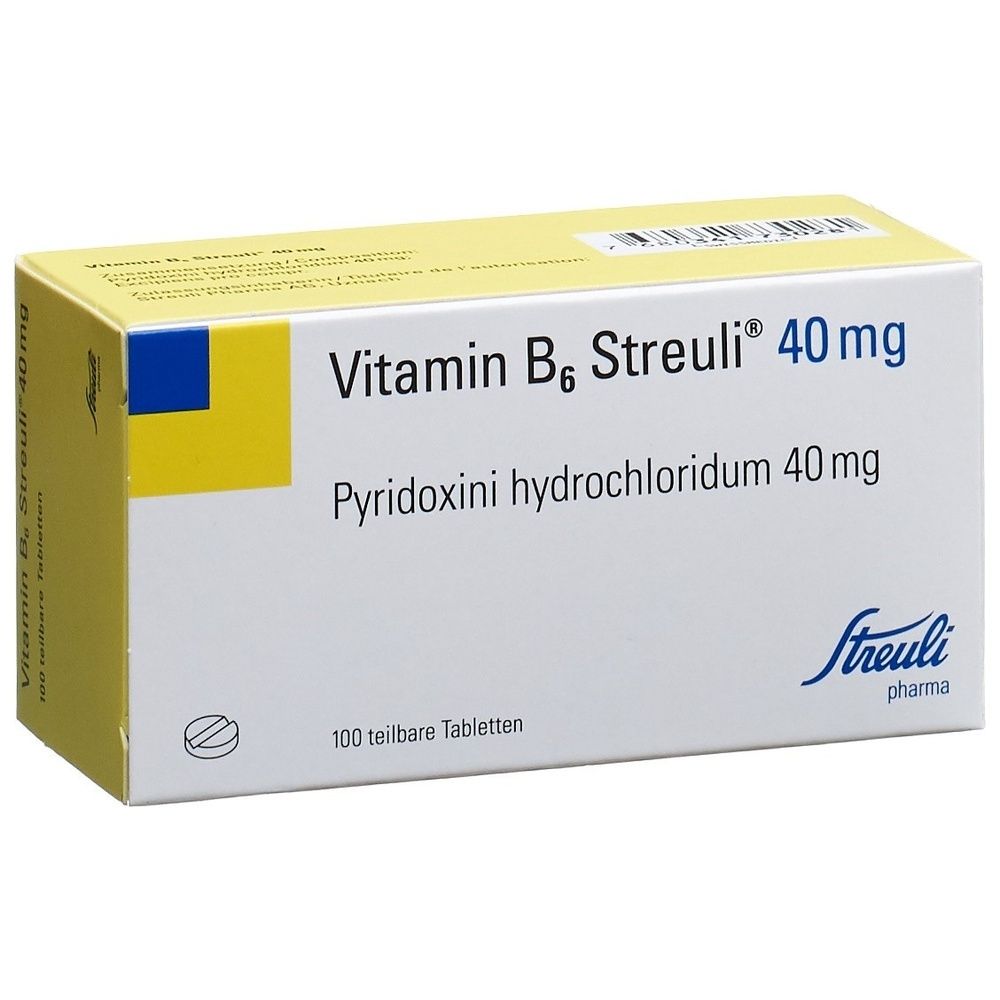 Karton mit Vitamin B6 Streuli 40 mg Tabletten. Aufschrift: Pyridoxini hydrochloridum 40 mg. 100 teilbare Tabletten. Streuli Pharma.