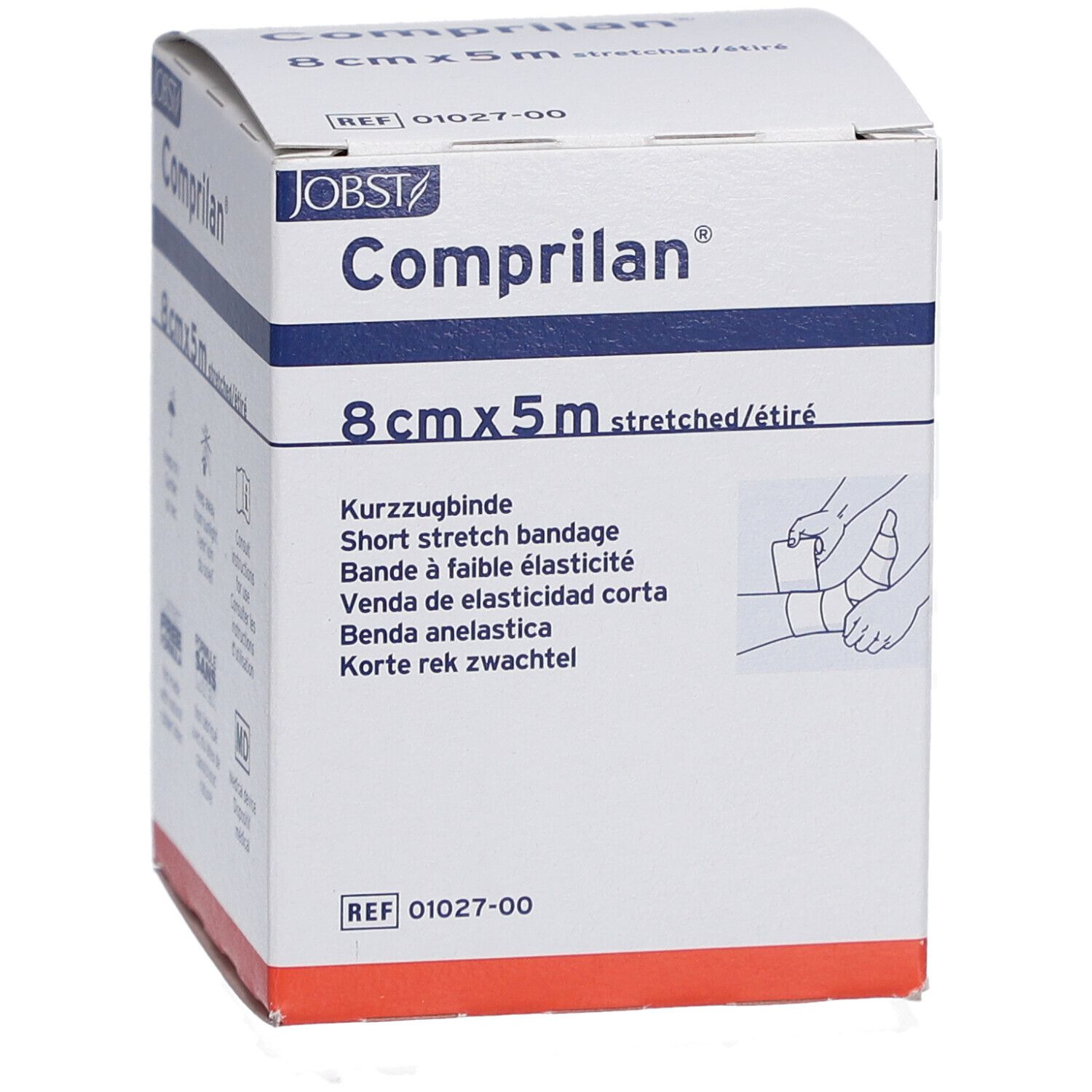 Verpackung mit Kompressionsbinde. Aufschrift: 8 cm x 5 m. Illustration einer Beinbandage. Text in mehreren Sprachen.