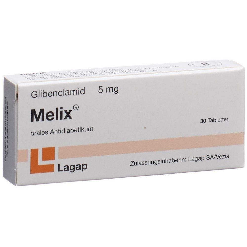 Weiße Schachtel mit "Melix"-Schriftzug, Glibenclamid 5 mg, 30 Tabletten. Orangefarbenes Logo "Lagap".